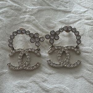 CHANEL Silver and Crystal Logo Earrings